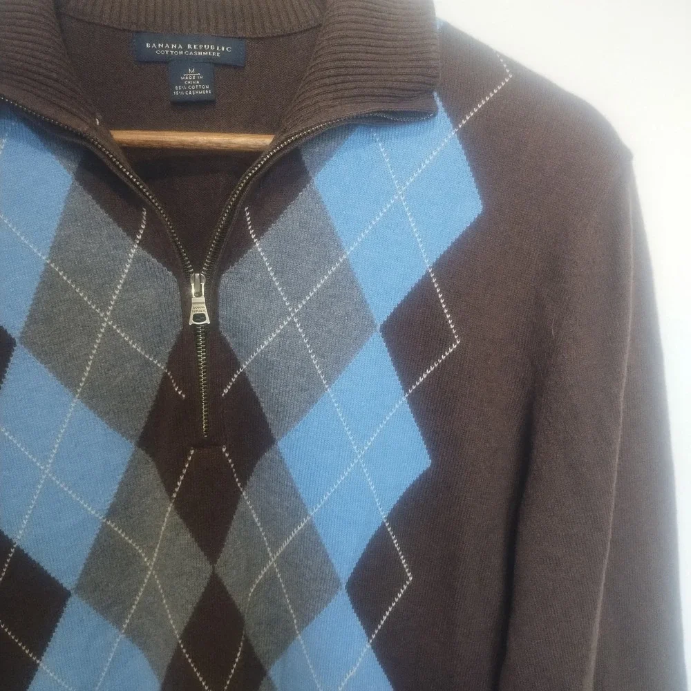 Banana Republic Argyle Sweater Mens Medium Brown 1/4 Zip Cotton Cashmere 00s